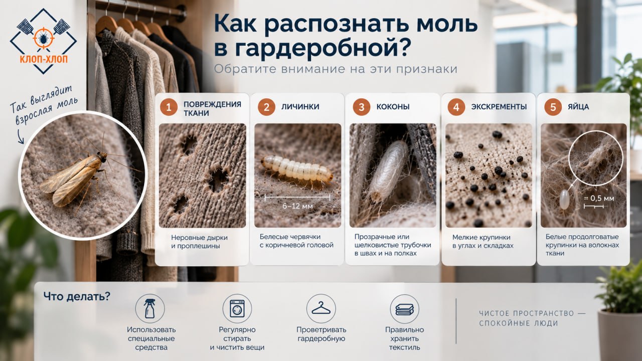 Как распознать моль в гардеробной: первые признаки, личинки, коконы и повреждения ткани